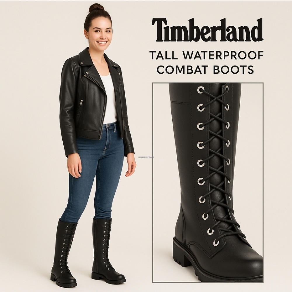 Timberland Tall Black Lace-Up Combat Boots Goth Moto Waterproof 9m & 7m Jr — image 2 of 8